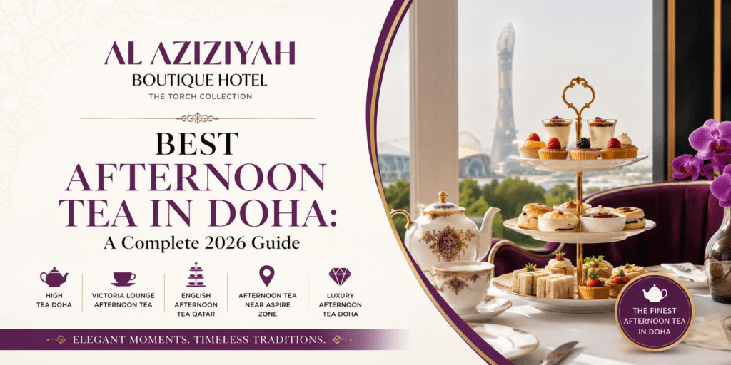 Elegant afternoon tea setup with scones and tea at Victoria Lounge in Doha