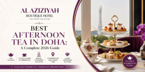 Elegant afternoon tea setup with scones and tea at Victoria Lounge in Doha