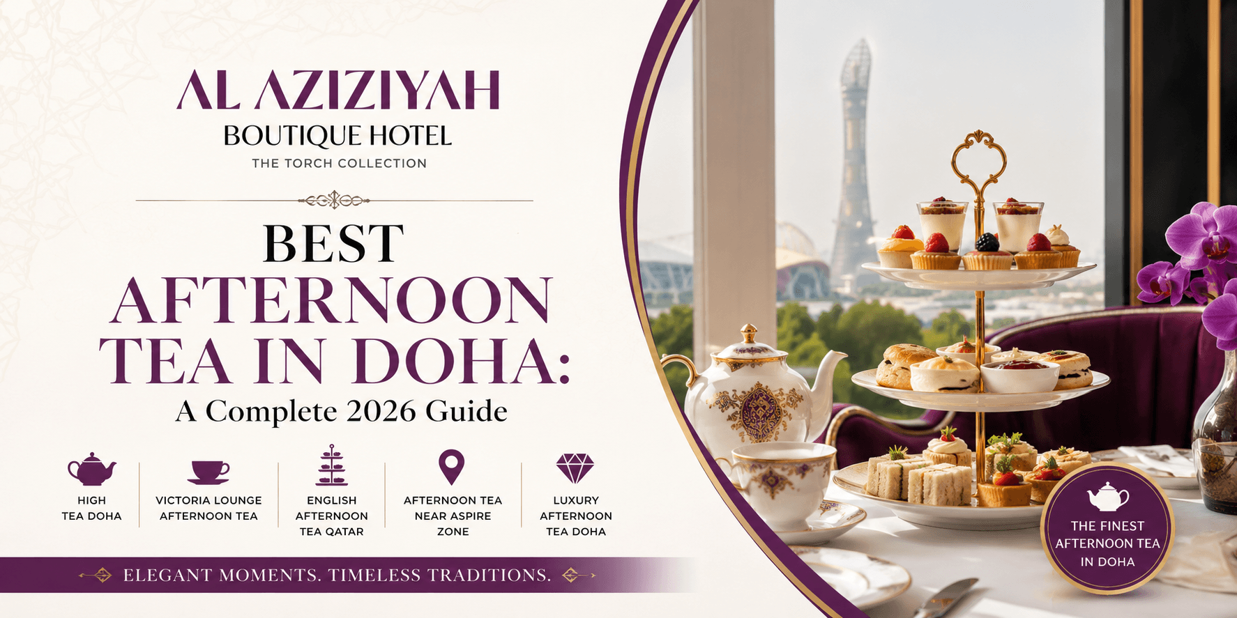 Elegant afternoon tea setup with scones and tea at Victoria Lounge in Doha